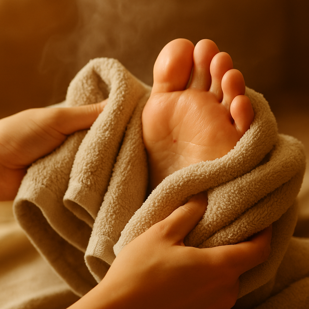 पैरों को 2-3 मिनट के लिए गर्म तौलिए में लपेटें